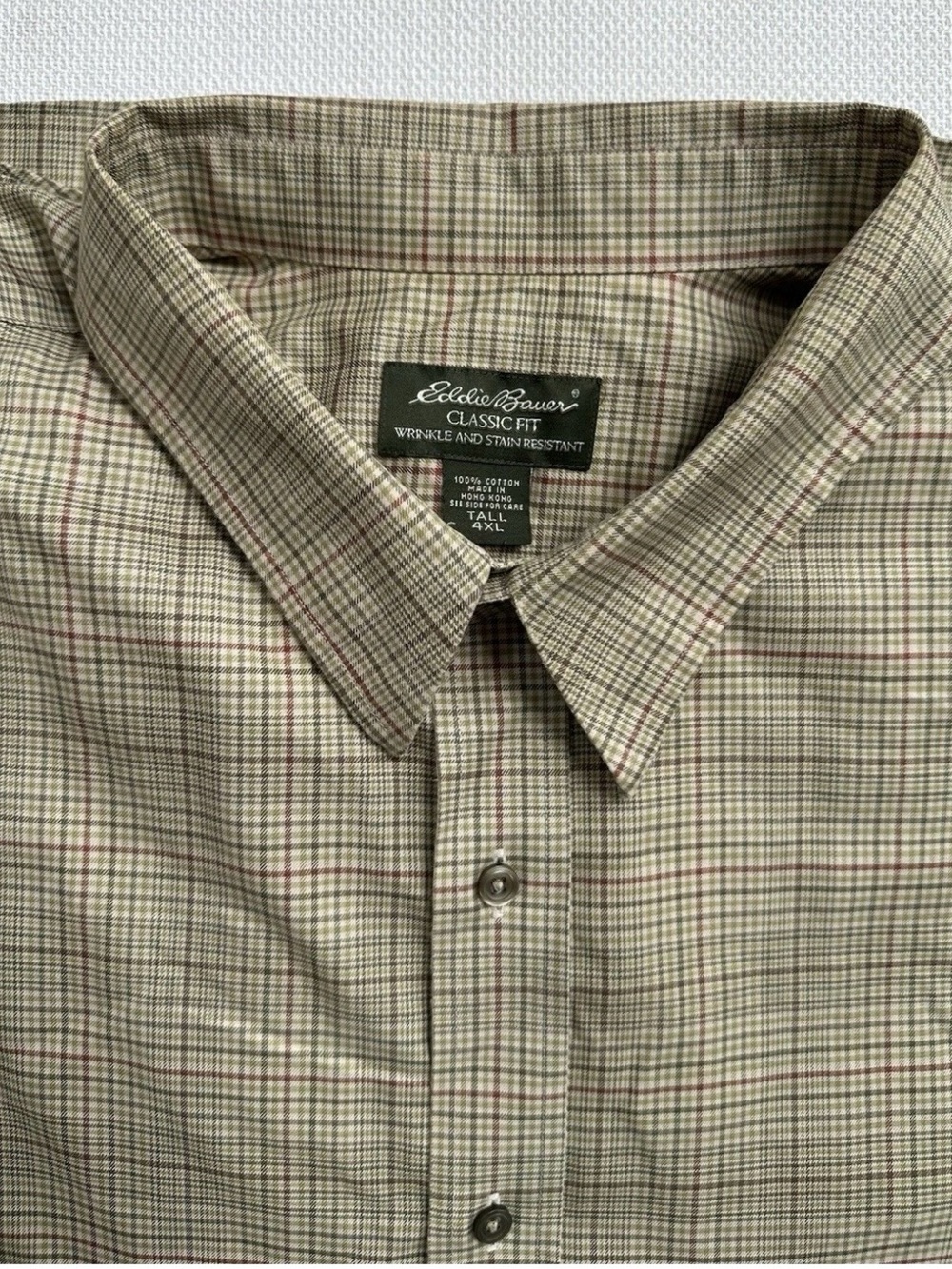 Eddie Bauer 4XL Tall Button Down Men's Shirt Green Tan Plaid Cotton Classic Fit